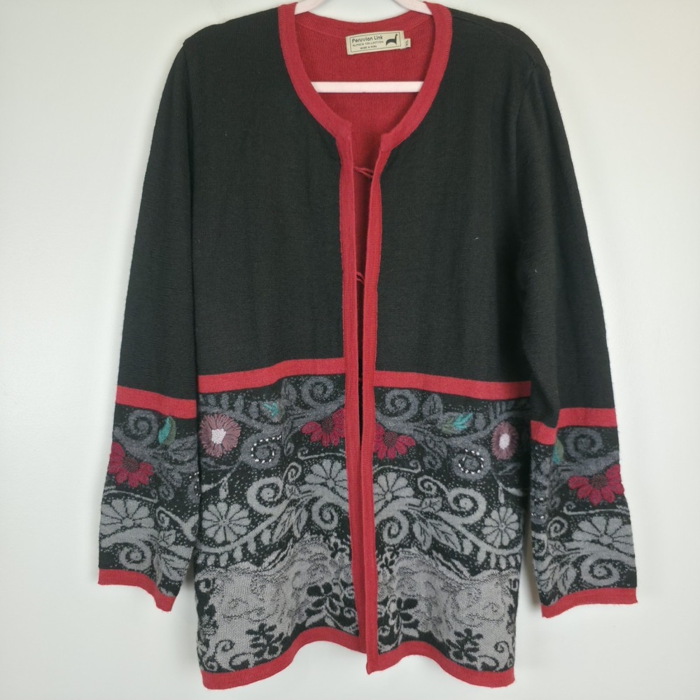 Peruvian Link Alpaca Collection Women's Knit Flowers Sweater Black Gray XL.A98